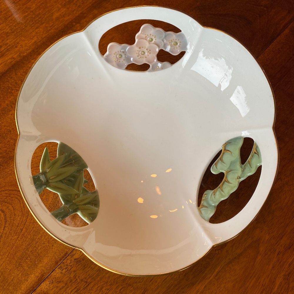 LargeJapanese Bowl with openwork white porcelain hand painted pink, green motif